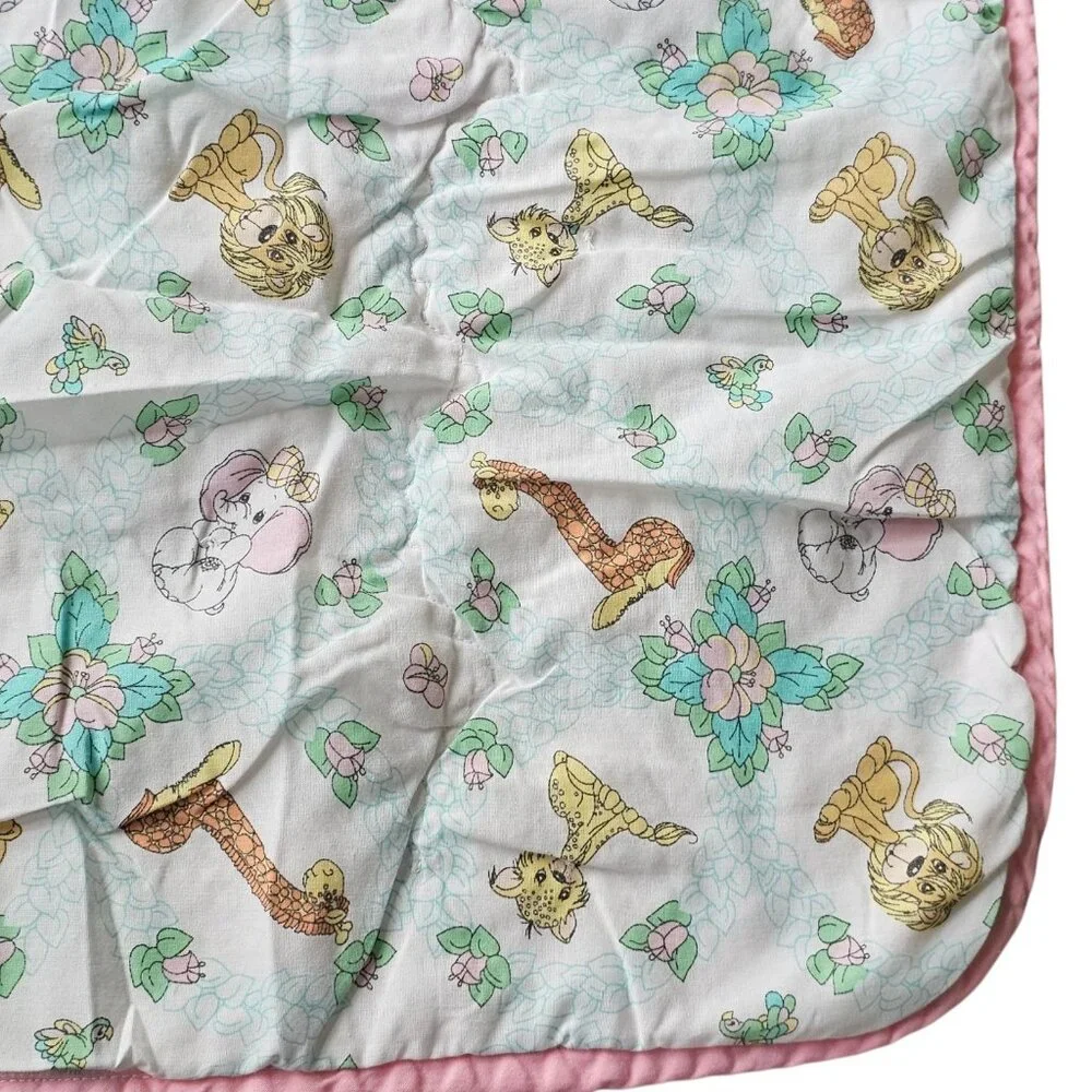 VTG Precious Moments Animal Baby Quilt Blanket‎ Flowers Pink Flannel Back 31x41